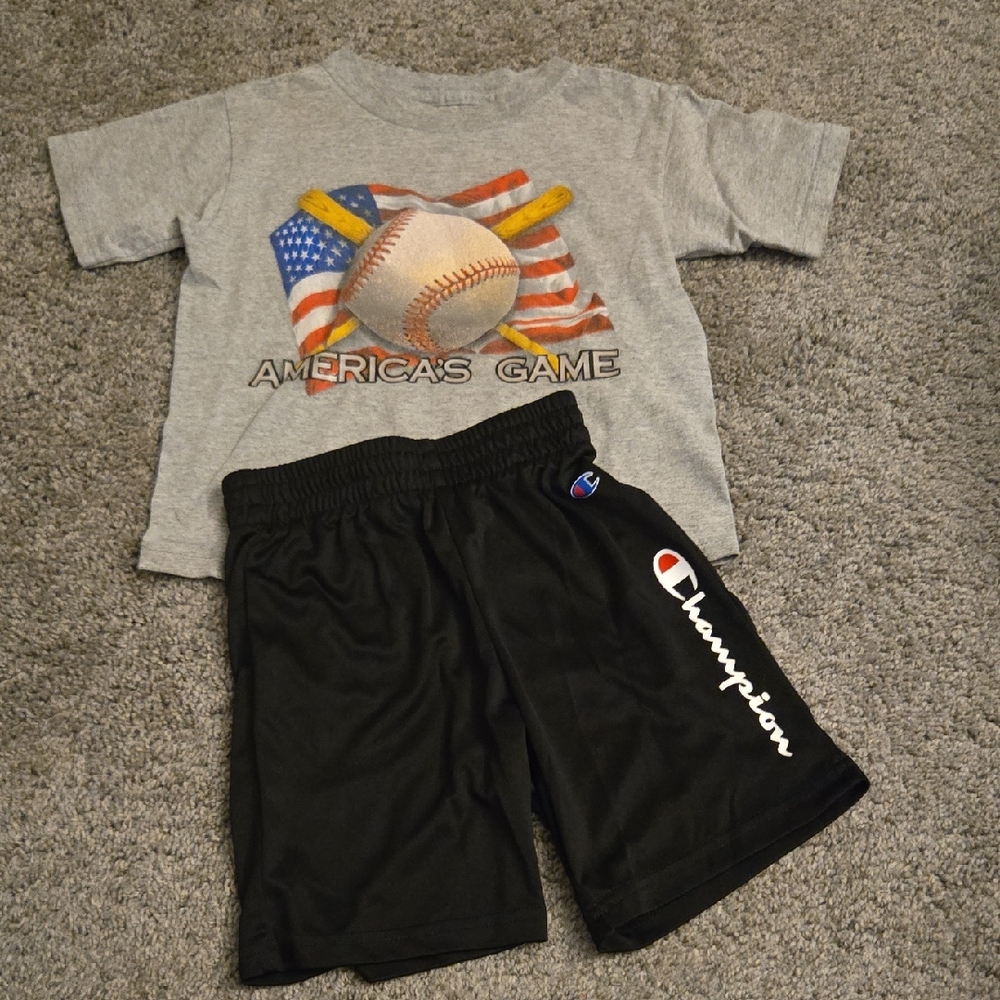 4T Boys Vintage Sports Top + Champion Shorts Outfit